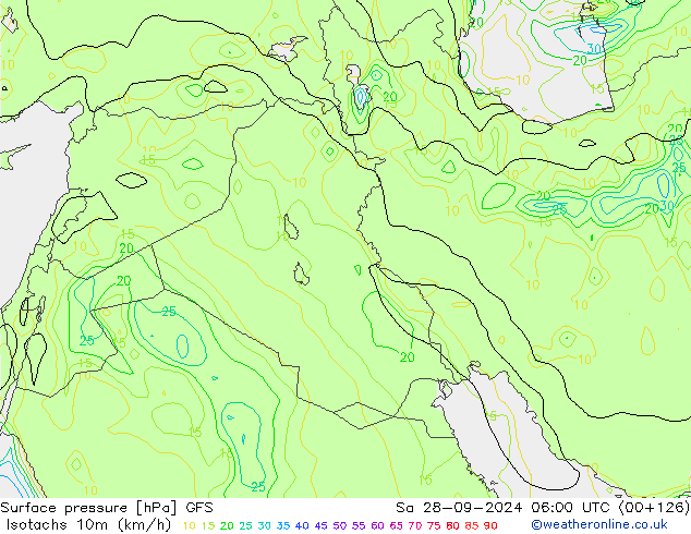 Isotachs (kph) GFS Sa 28.09.2024 06 UTC