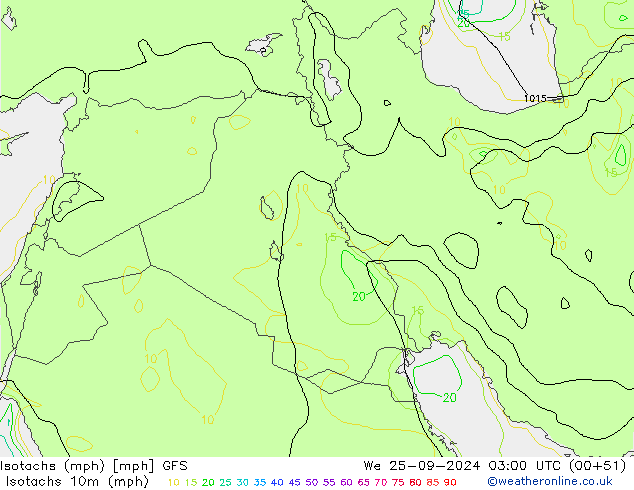 Isotachs (mph) GFS Qua 25.09.2024 03 UTC