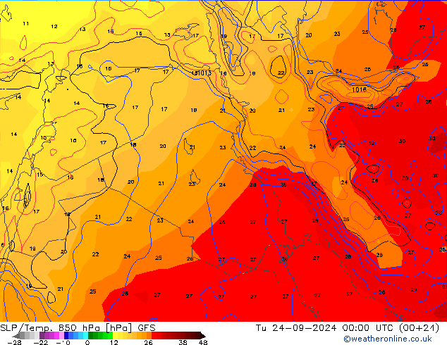 SLP/Temp. 850 hPa GFS Di 24.09.2024 00 UTC