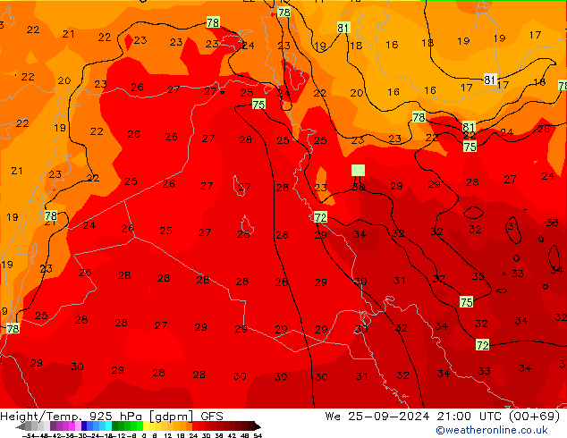 Height/Temp. 925 гПа GFS ср 25.09.2024 21 UTC