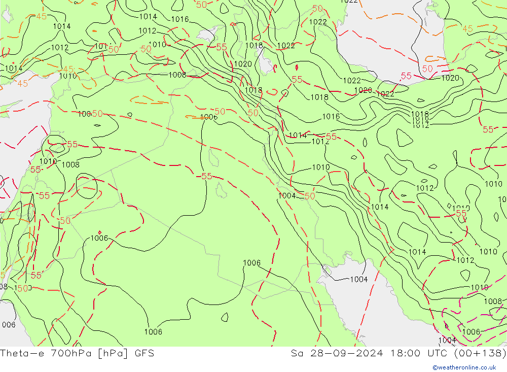 Theta-e 700hPa GFS Sa 28.09.2024 18 UTC