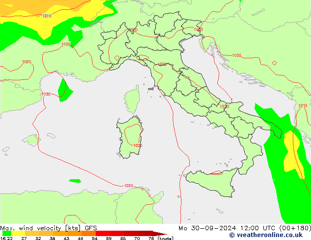 Max. wind velocity GFS pon. 30.09.2024 12 UTC