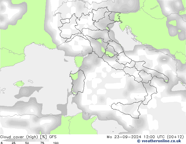 Cloud cover (high) GFS Mo 23.09.2024 12 UTC