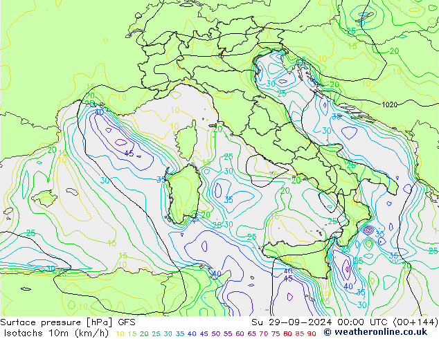 Isotachs (kph) GFS Вс 29.09.2024 00 UTC