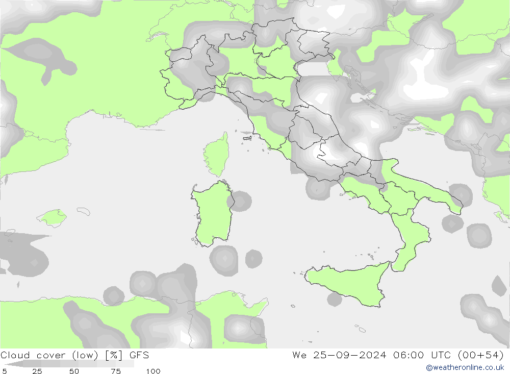 Cloud cover (low) GFS We 25.09.2024 06 UTC