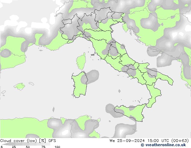 Cloud cover (low) GFS We 25.09.2024 15 UTC