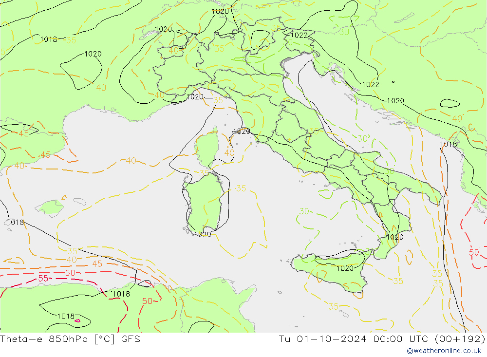 Theta-e 850hPa GFS di 01.10.2024 00 UTC