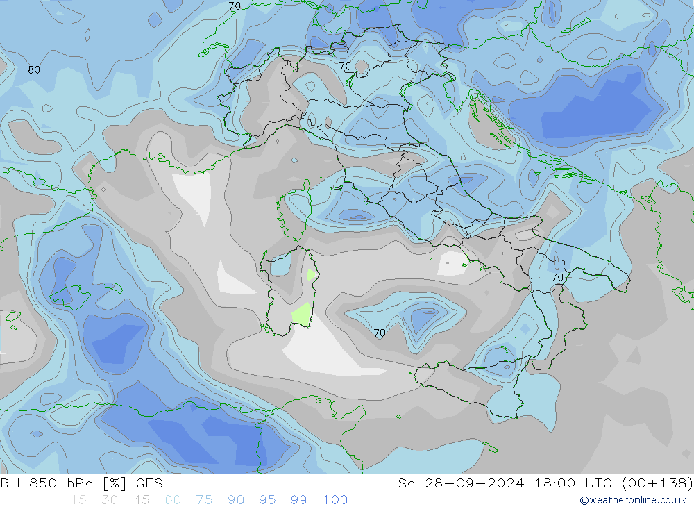 Humidité rel. 850 hPa GFS sam 28.09.2024 18 UTC