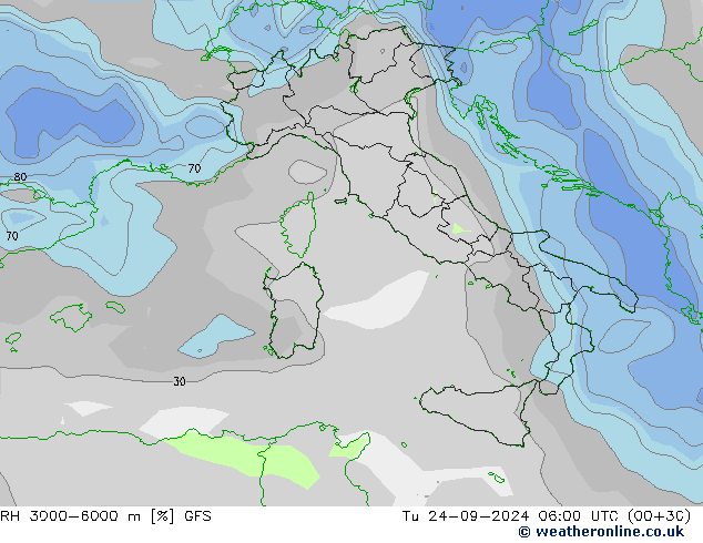 RH 3000-6000 m GFS Út 24.09.2024 06 UTC