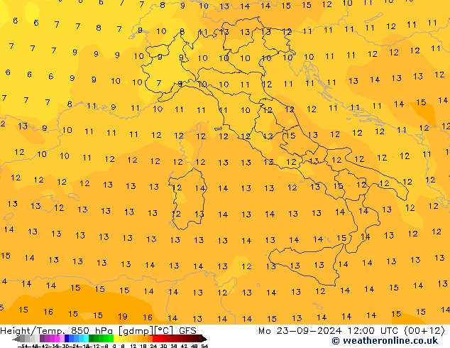 Height/Temp. 850 hPa GFS Po 23.09.2024 12 UTC