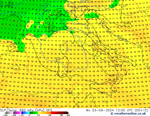 850 hPa Yer Bas./Sıc GFS Pzt 23.09.2024 12 UTC