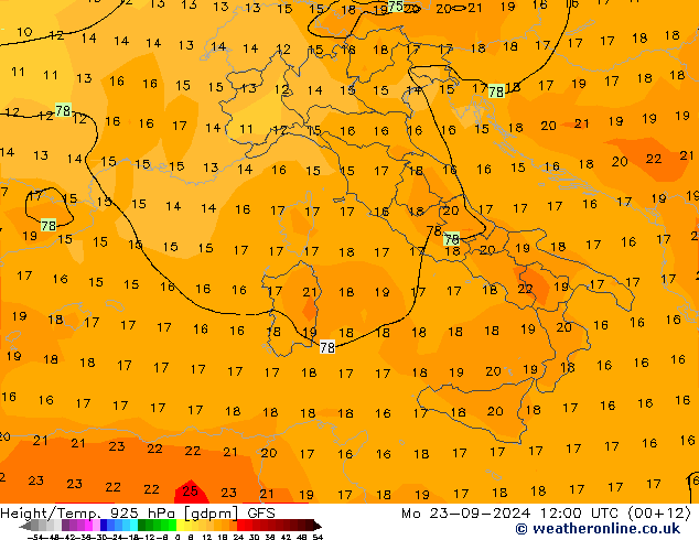 Géop./Temp. 925 hPa GFS lun 23.09.2024 12 UTC