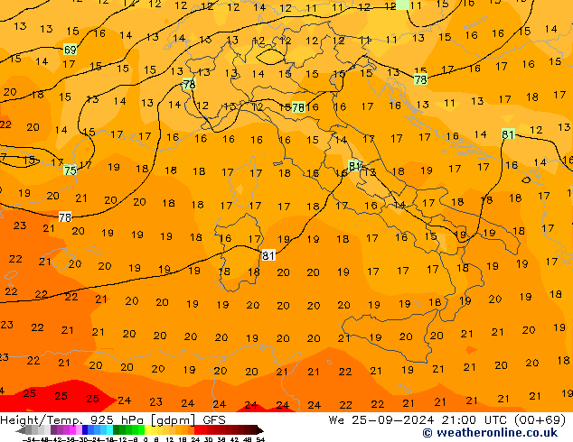 Height/Temp. 925 hPa GFS We 25.09.2024 21 UTC