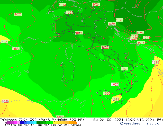 Thck 700-1000 hPa GFS Ne 29.09.2024 12 UTC