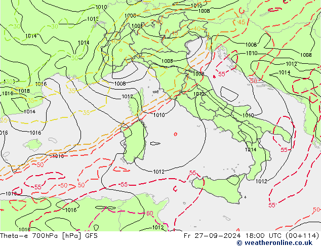 Theta-e 700hPa GFS Fr 27.09.2024 18 UTC