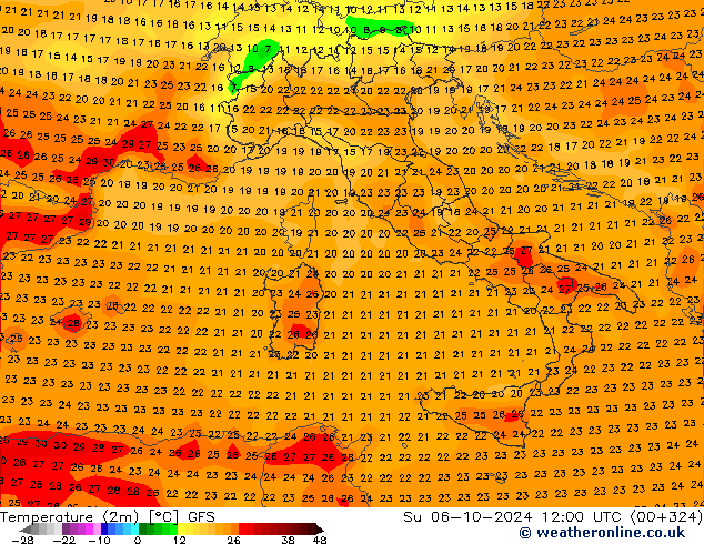 Temperature (2m) GFS Su 06.10.2024 12 UTC