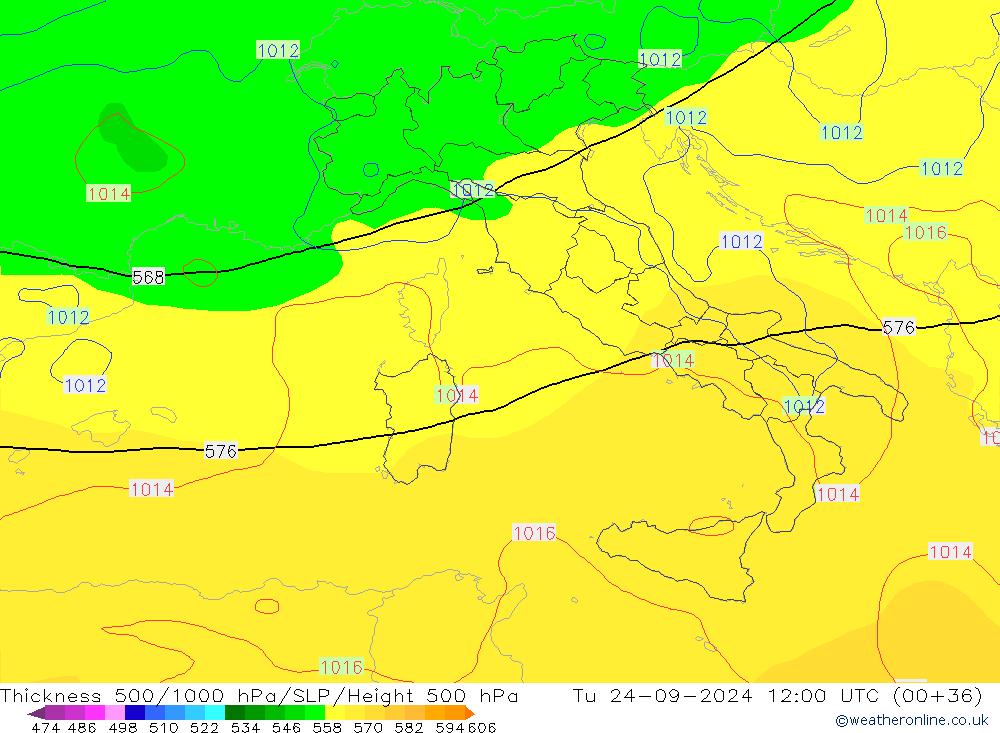 Thck 500-1000гПа GFS вт 24.09.2024 12 UTC