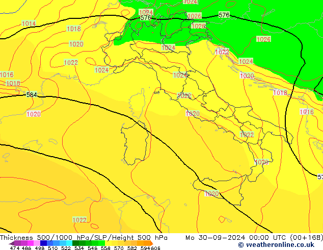 Thck 500-1000гПа GFS пн 30.09.2024 00 UTC