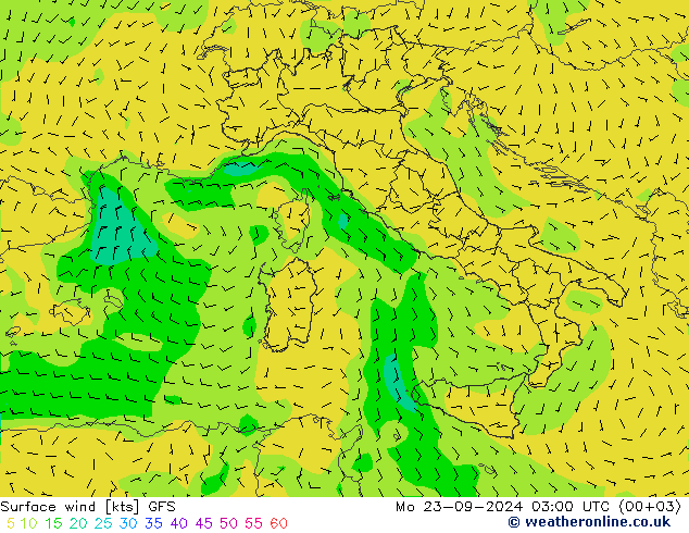 Vent 10 m GFS lun 23.09.2024 03 UTC