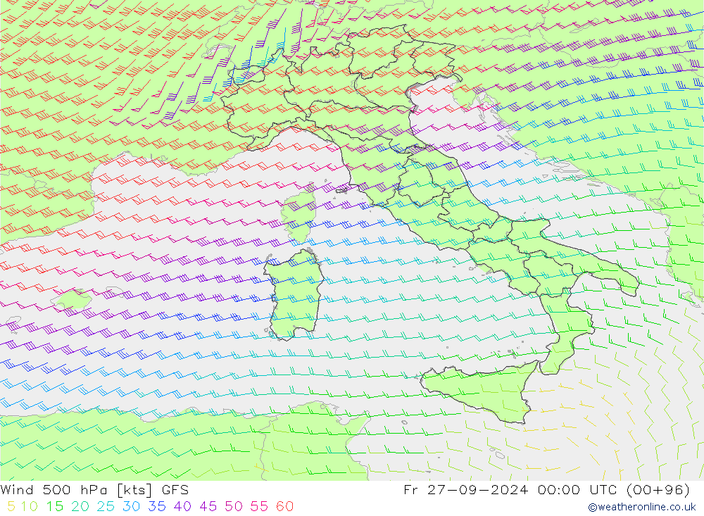 Vento 500 hPa GFS ven 27.09.2024 00 UTC