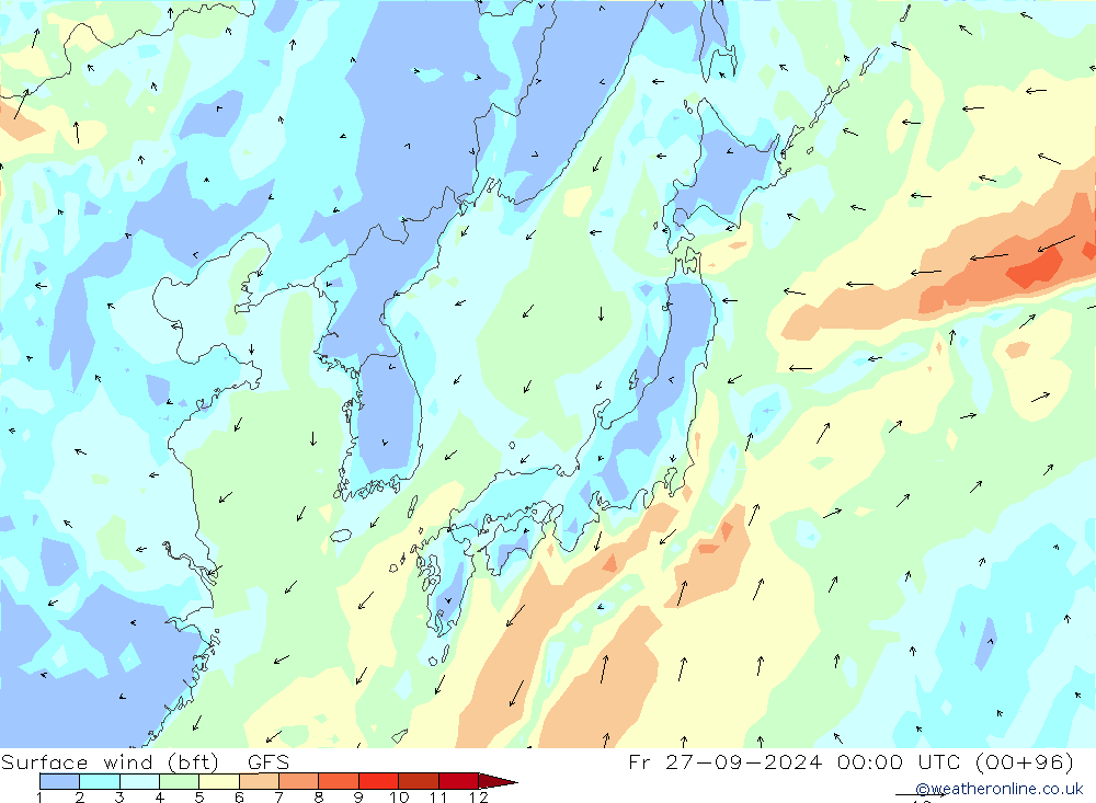 Vento 10 m (bft) GFS Sex 27.09.2024 00 UTC