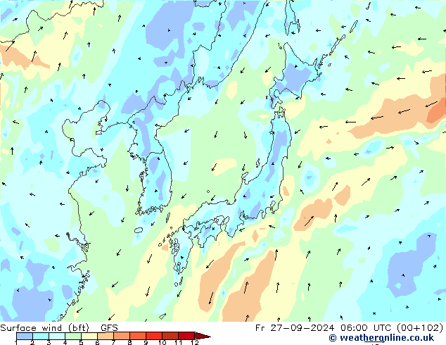 Rüzgar 10 m (bft) GFS Cu 27.09.2024 06 UTC