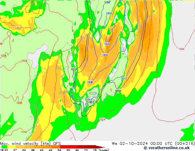 Max. wind velocity GFS Qua 02.10.2024 00 UTC