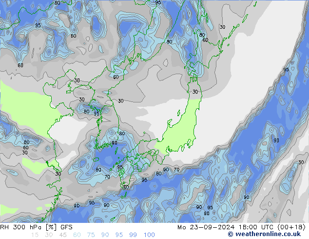 Humedad rel. 300hPa GFS lun 23.09.2024 18 UTC