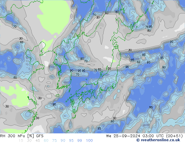 300 hPa Nispi Nem GFS Çar 25.09.2024 03 UTC