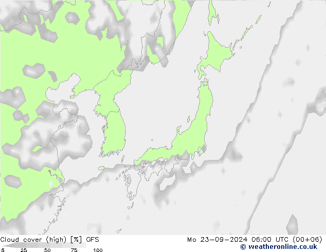 Cloud cover (high) GFS Mo 23.09.2024 06 UTC