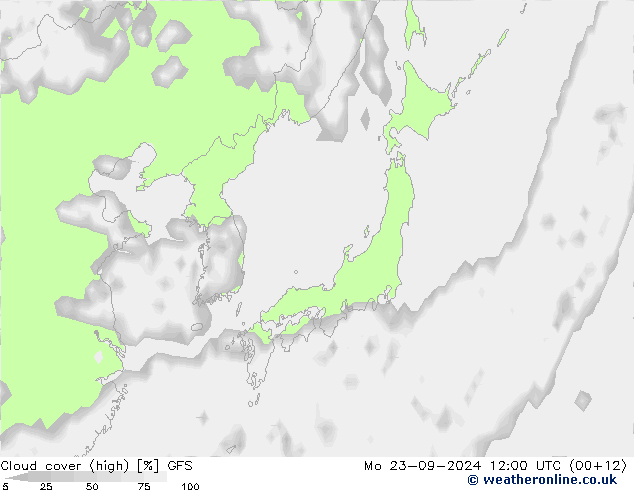 Cloud cover (high) GFS Mo 23.09.2024 12 UTC