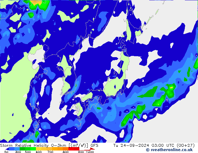 Storm Relative Helicity GFS Tu 24.09.2024 03 UTC