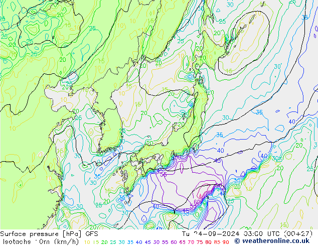 Isotachs (kph) GFS Út 24.09.2024 03 UTC