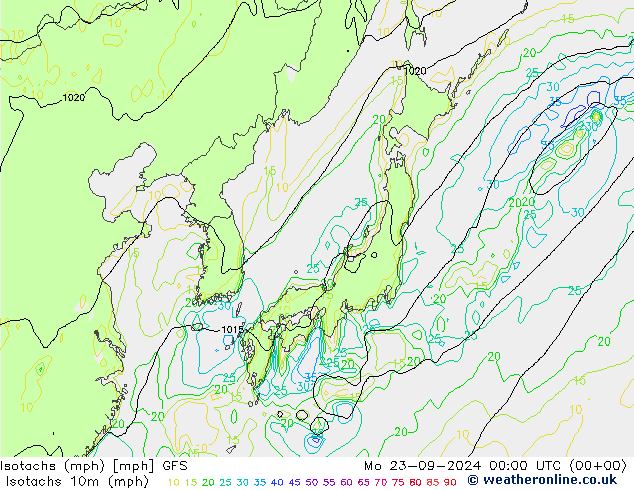 Isotachs (mph) GFS Po 23.09.2024 00 UTC