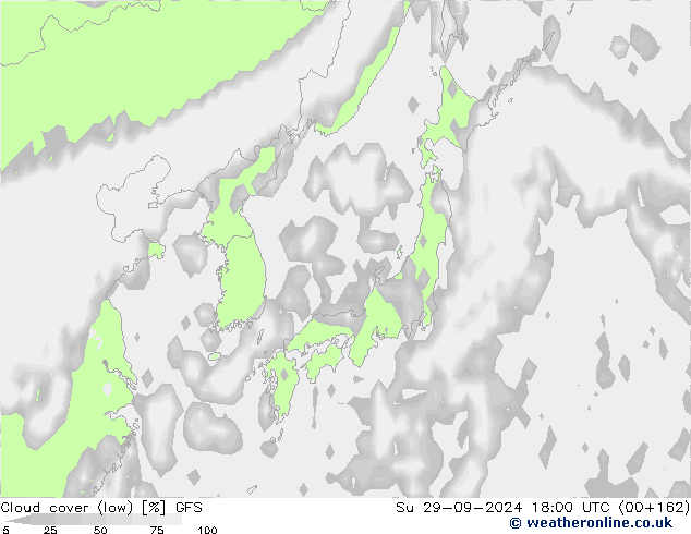 Cloud cover (low) GFS Su 29.09.2024 18 UTC