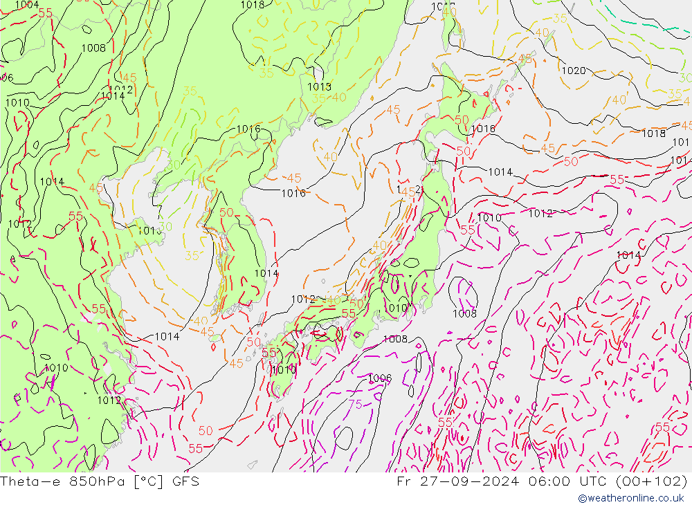 Theta-e 850hPa GFS Pá 27.09.2024 06 UTC