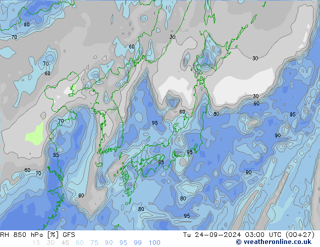 RH 850 hPa GFS Út 24.09.2024 03 UTC