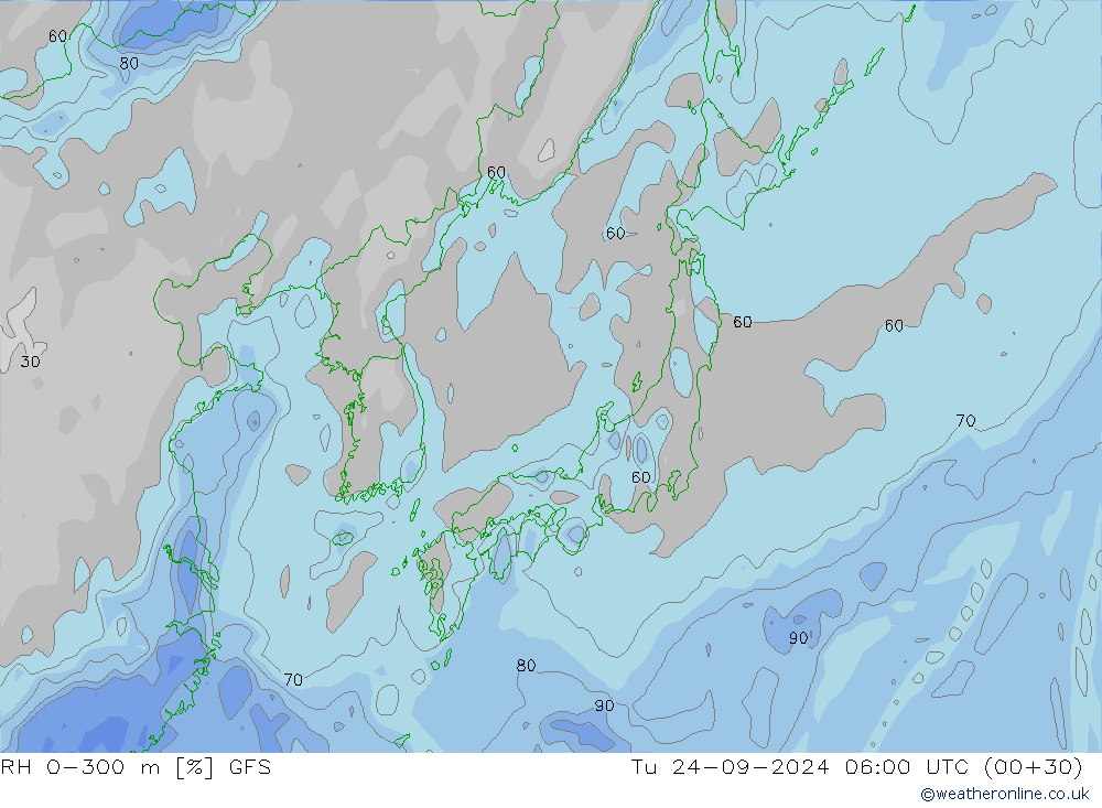 RH 0-300 m GFS Tu 24.09.2024 06 UTC