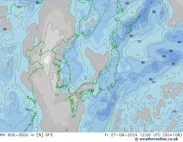 Humedad rel. 600-3000m GFS vie 27.09.2024 12 UTC