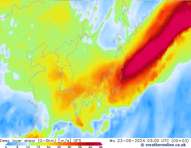 Deep layer shear (0-6km) GFS Mo 23.09.2024 03 UTC