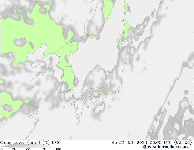 Cloud cover (total) GFS Mo 23.09.2024 06 UTC