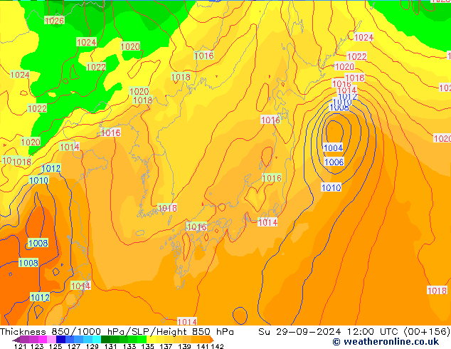 Thck 850-1000 hPa GFS Su 29.09.2024 12 UTC