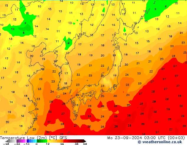 Temperature Low (2m) GFS Mo 23.09.2024 03 UTC