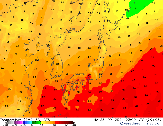 Temperature (2m) GFS Mo 23.09.2024 03 UTC