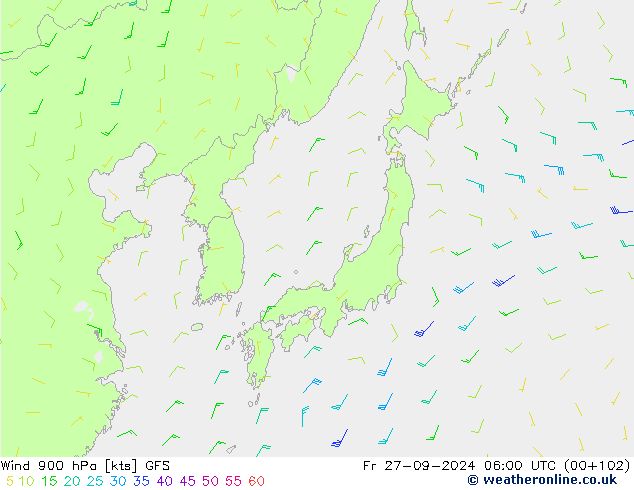 Rüzgar 900 hPa GFS Cu 27.09.2024 06 UTC