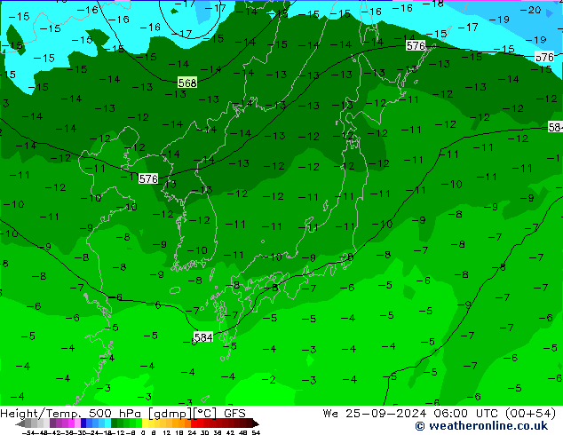 Z500/Rain (+SLP)/Z850 GFS Mi 25.09.2024 06 UTC