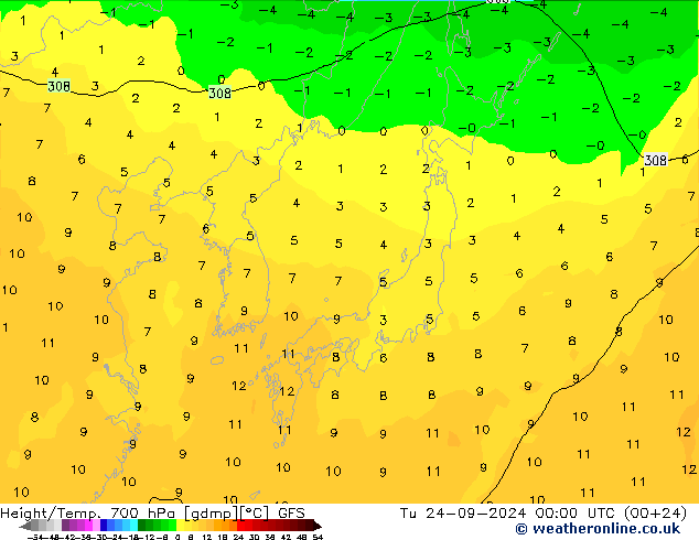 Height/Temp. 700 hPa GFS Út 24.09.2024 00 UTC