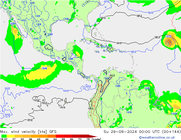 Max. wind velocity GFS dom 29.09.2024 00 UTC