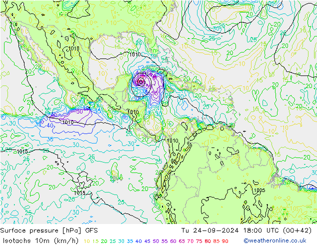 Eşrüzgar Hızları (km/sa) GFS Sa 24.09.2024 18 UTC