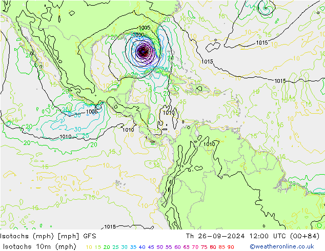 Isotachs (mph) GFS Čt 26.09.2024 12 UTC